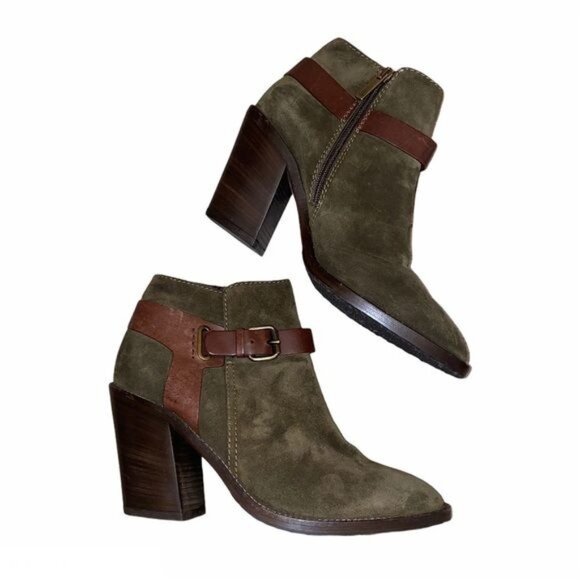 Aquatalia Womens 9.5 Olive Green Suede Heeled Booties Brown Leather Ankle Strap - Picture 3 of 11